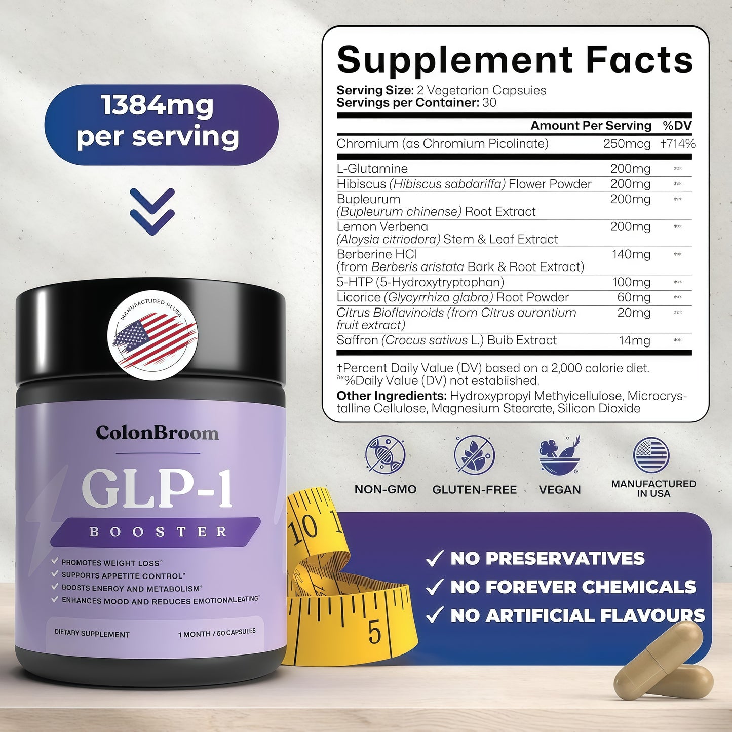 ColonBroom GLP-1 Weight Management Supplement for Women & Men - GLP1 Supports Appetite Control, Energy & Mood Balance - Vegan, Gluten-Free Diet Capsules | 60 Count